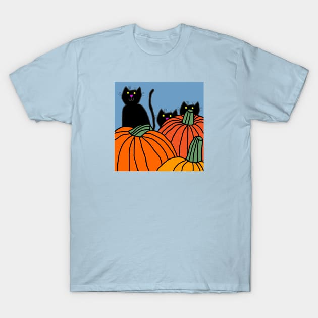 Three Black Cats and Pumpkins T-Shirt by ellenhenryart